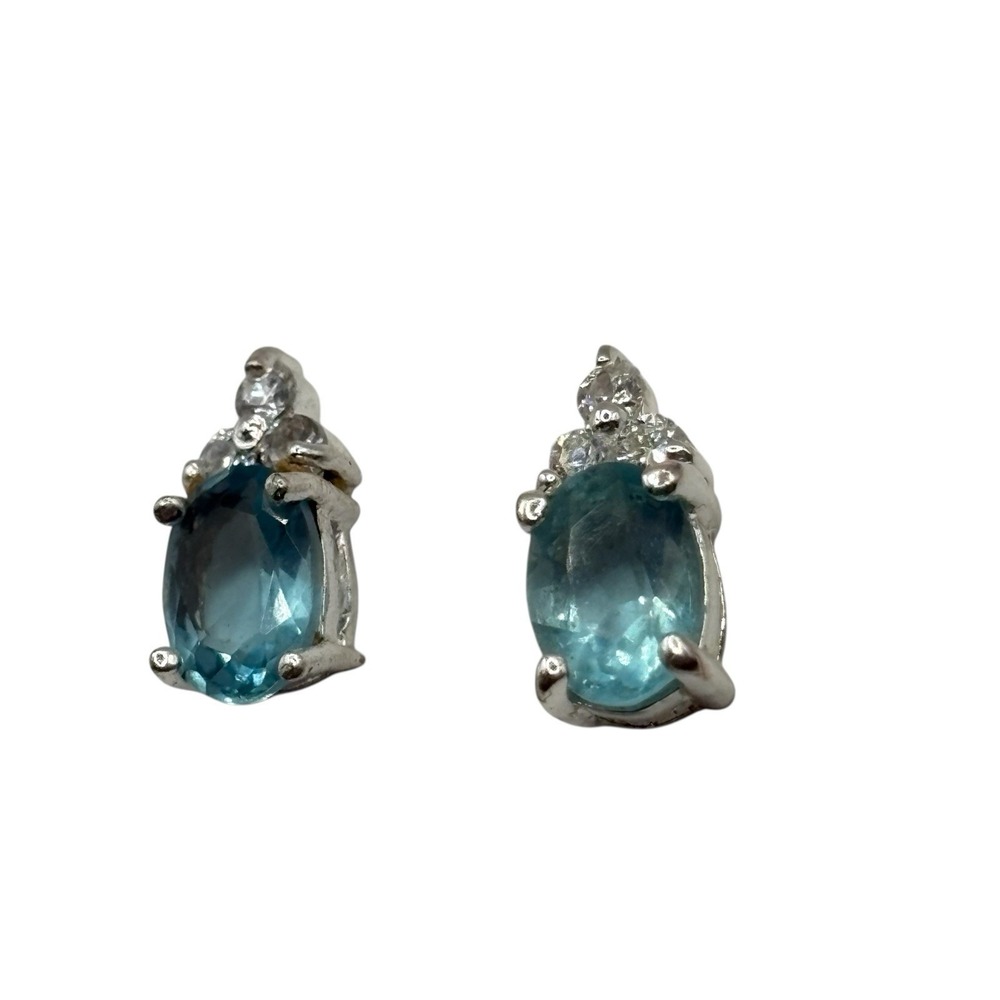 Stimulated Aquamarine Stud‎ Earrings Sterling Sliver 925 CZ Accents Post by FAS - Picture 4 of 14